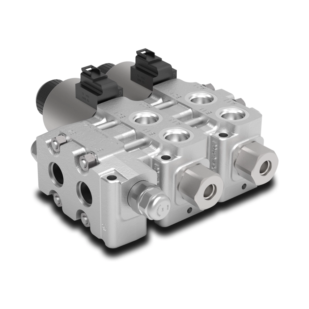 Walvoil DFE140 Stackable Solenoid Flow Diverter Valve, 6 Way, 1/2" BSP, 12V DC, Closed Centre, 80 L/min, 200 Bar