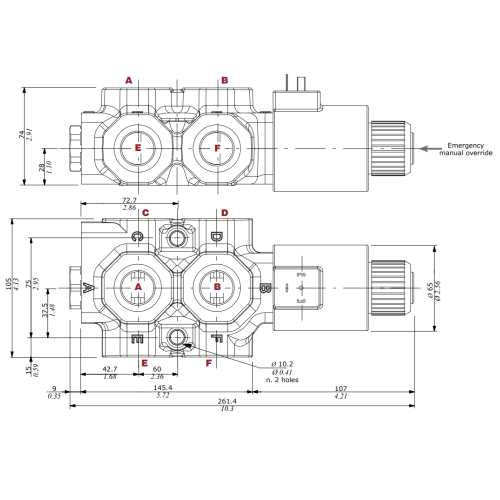 Walvoil DFE20 Solenoid Diverter Valve 6 Way 3/4" BSP, 12V DC, Open Centre, 140 L/min, 200 Bar, Galvanized