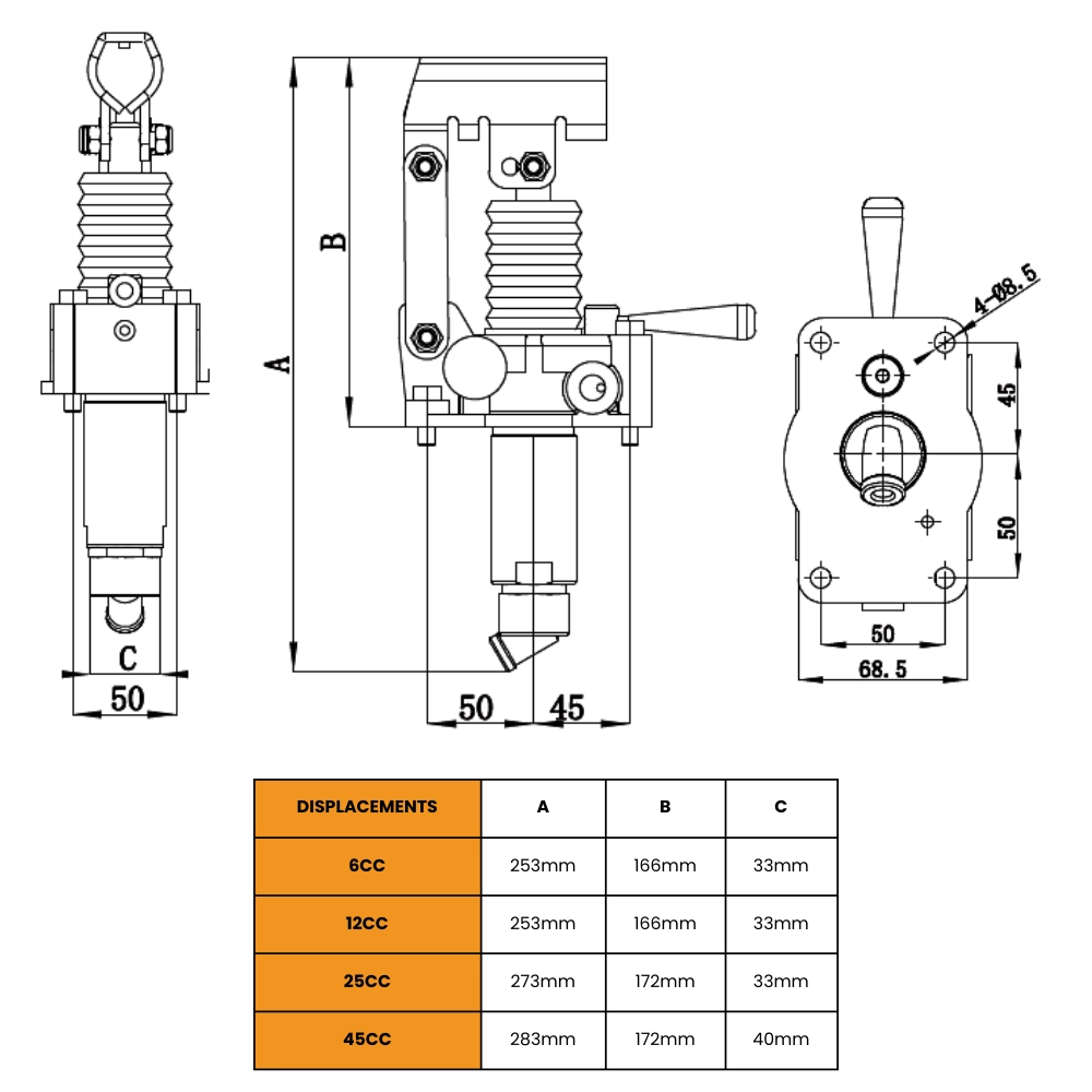 Flowfit Double Acting Hydraulic 12cc Hand Pump Assembly, Without Relief Valve, With 1 Litre Tank and Handlever