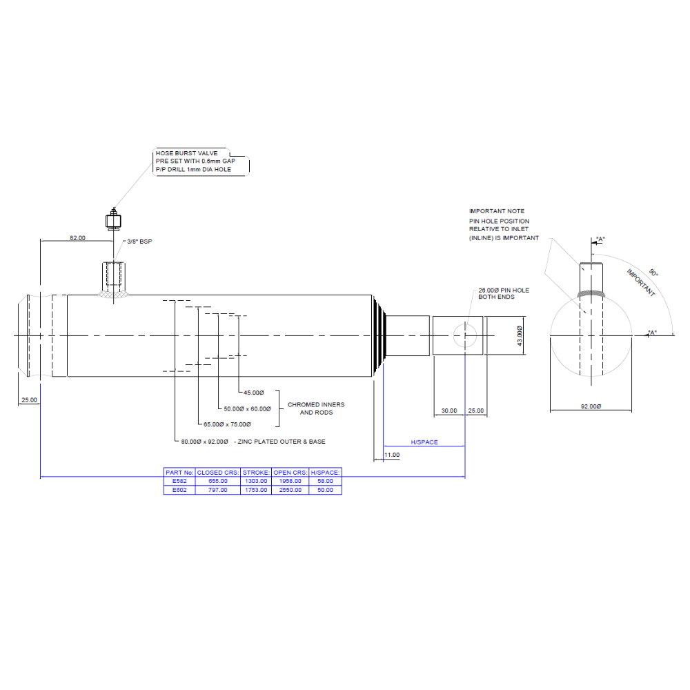 Pin Mounted Telescopic Cylinder, 3 Stage, 1303mm Stroke, 655mm Closed