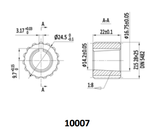 15 Tooth 1:8 Taper Group 2 Hydraulic Pump Spline Coupling, DIN 5482, 28 x 25, 3.17mm Keyway 15 Tooth 1:8 Taper Group 2 Hydraulic Pump Spline Coupling, DIN 5482, 28 x 25, 3.17mm Keyway