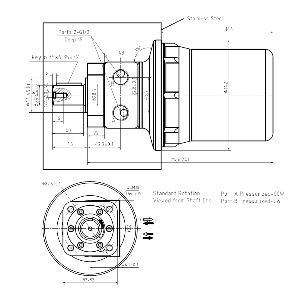 50CC Stainless Steel 4 Bolt Square Mount Hydraulic Motor, 1" Parallel Keyed Shaft, Low Speed High Torque