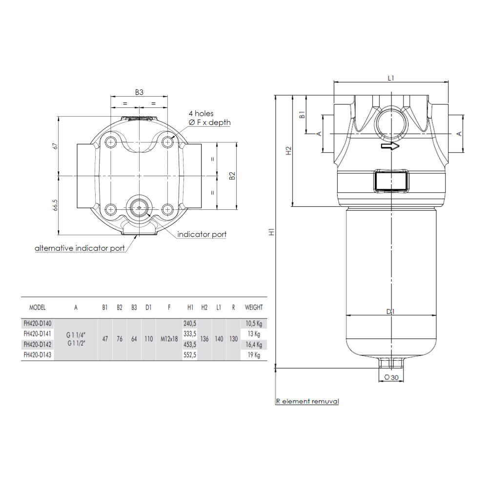 FH420 11/2"Bsp 400L/min 25Micron 420Bar High Pressure Inline Filter c