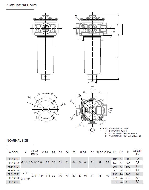 FR6 Series Tank Top Return Filter 10 Micron 4 Hole 3/4" BSP 46 L/min With Air Breather  c/w Quick Access Filler Cap