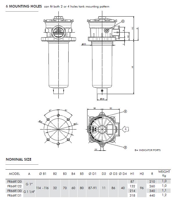 FR6 Series Tank Top Return Filter 10 Micron 6 Hole 1-1/4" BSP 208 L/min No Air Breather  c/w Quick Access Filler Cap