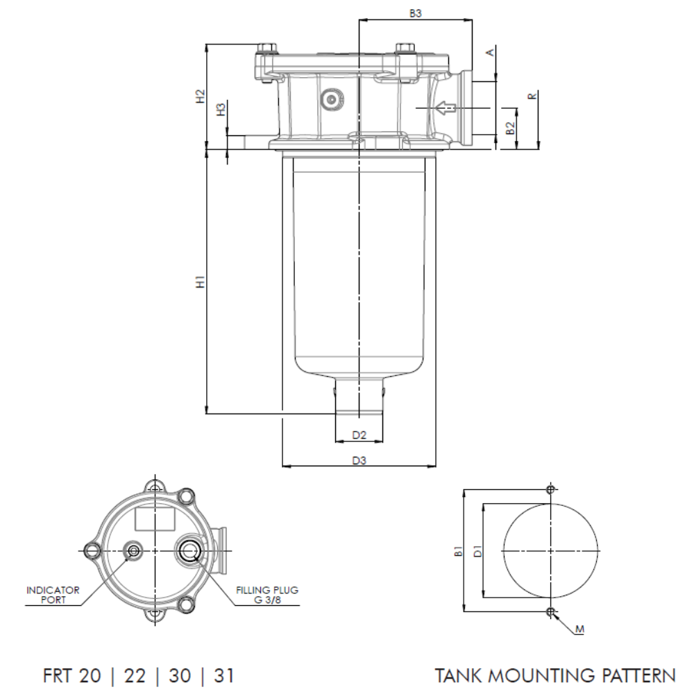 FRT Series Tank Top Return Filter 25 Micron G/Fibre 2 Hole 1" BSP 100 L/Min c/w Filling Plug FRT Series Tank Top Return Filter 25 Micron G/Fibre 2 Hole 1" BSP 100 L/Min c/w Filling Plug