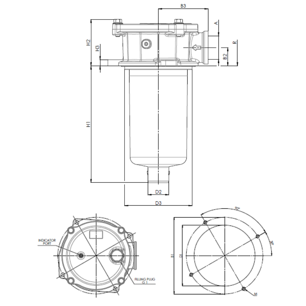 FRT Series Tank Top Return Filter 10 Micron G/Fibre 4 Hole 1-1/2" BSP 540 L/Min c/w Filling Plug