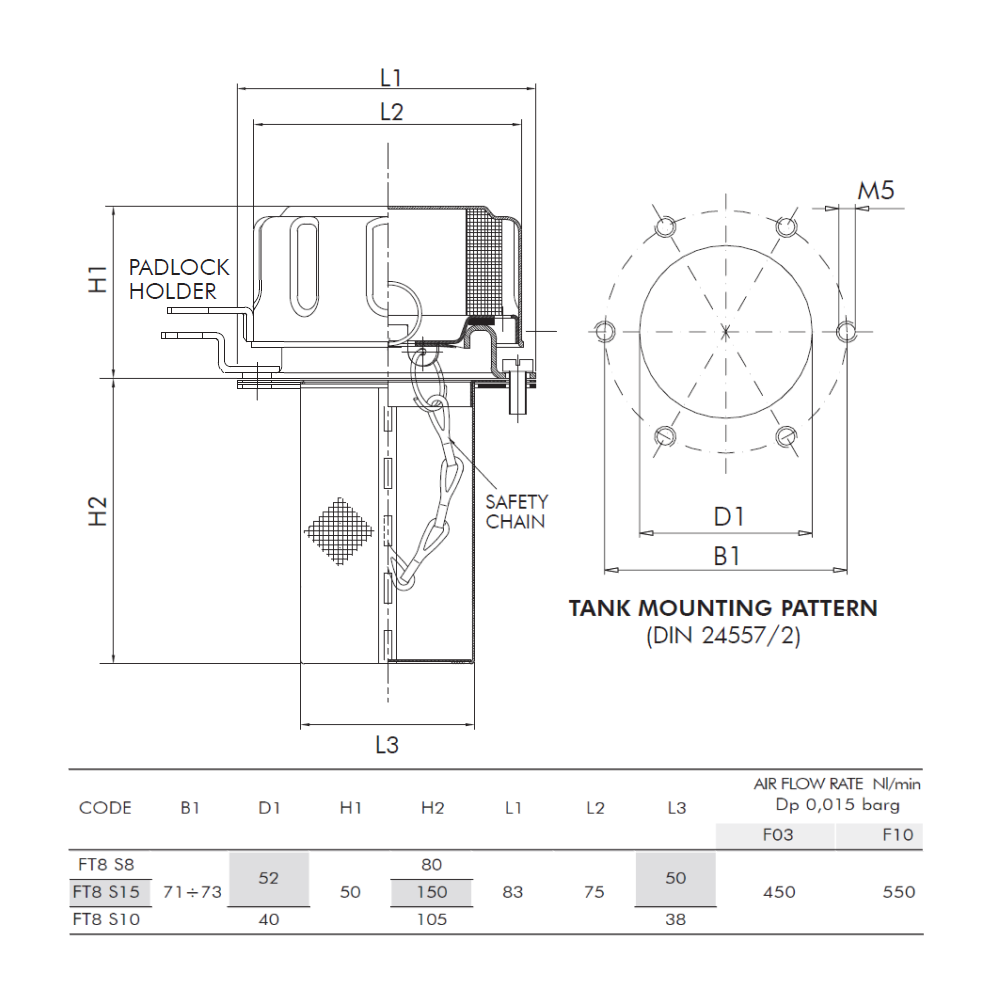 Lockable Filler Breather, 6 Hole, 10 Micron with Flange & Basket H=80mm