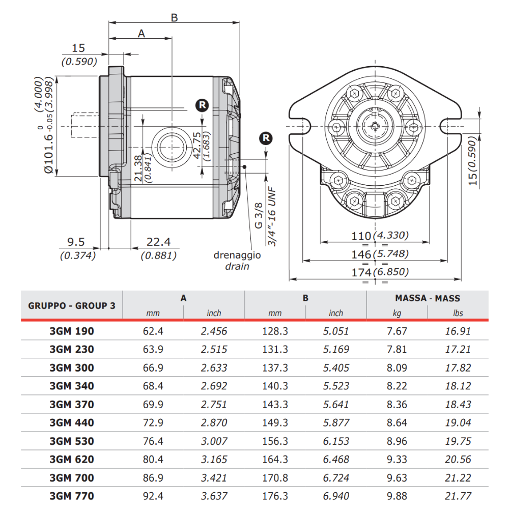Walvoil 3GM Hydraulic Gear Motor, Group 3, 37.5CC, Reversible (external drain), 1" BSP Inlet & Outlet, SAEB 13T Splined