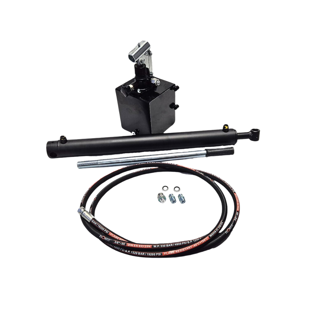 Flowfit Single acting hydraulic Hand Pump trailer pack to lift, 3.9 tonne 600mm stroke, Hand Pump 25cm3, 2 litre tank c/w hoses and fittings Flowfit Single acting hydraulic Hand Pump trailer pack to lift, 3.9 tonne 600mm stroke, Hand Pump 25cm3, 2 litre tank c/w hoses and fittings
