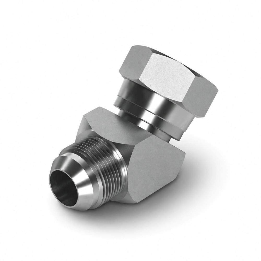 7/16" JIC Male to Swivel Female 45° Compact Hydraulic Adaptor 7/16" JIC Male to Swivel Female 45° Compact Hydraulic Adaptor