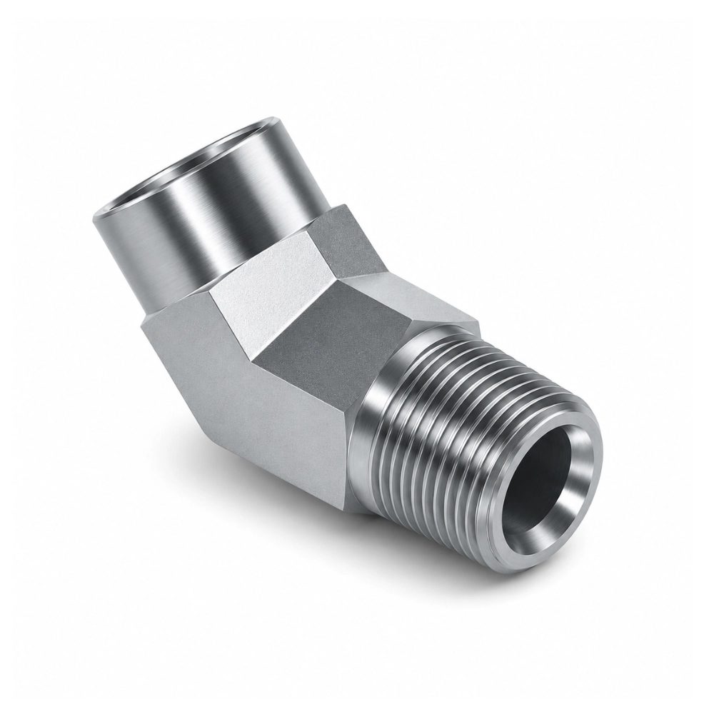 1/4" NPTF Male to Fixed Female 45° Forged Hydraulic Adaptor
