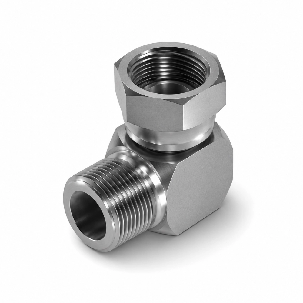 1/8" BSPT Male to BSP Swivel Female 90° Compact Hydraulic Adaptor 1/8" BSPT Male to BSP Swivel Female 90° Compact Hydraulic Adaptor