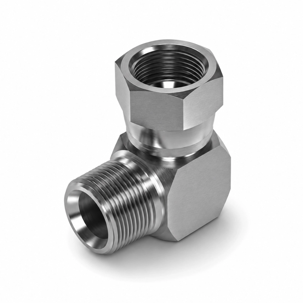 1/4" NPTF Male x 7/16" JIC Swivel Female 90° Compact Hydraulic Adaptor 1/4" NPTF Male x 7/16" JIC Swivel Female 90° Compact Hydraulic Adaptor