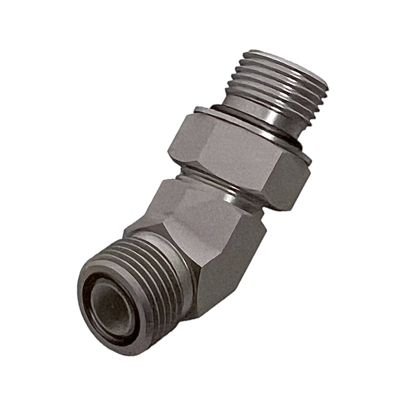 9/16 Orfs x 7/16 UNF M/M 45° Positional Elbow Hydraulic Adaptor 9/16 Orfs x 7/16 UNF M/M 45° Positional Elbow Hydraulic Adaptor