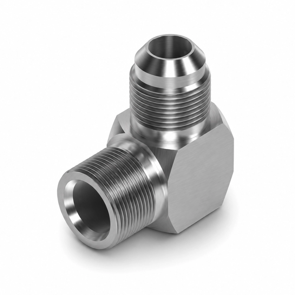 1/8" NPTF Male x 7/16" SAE 45 Degree External Flare Male 90° Compact Hydraulic Adaptor 1/8" NPTF Male x 7/16" SAE 45 Degree External Flare Male 90° Compact Hydraulic Adaptor