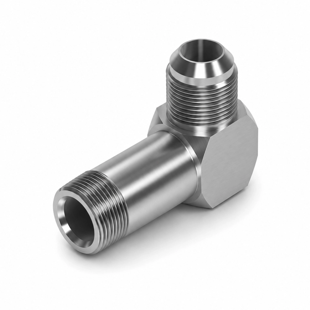 1/4" NPTF Extended Male x 7/16" JIC Male 90° Compact Hydraulic Adaptor 1/4" NPTF Extended Male x 7/16" JIC Male 90° Compact Hydraulic Adaptor