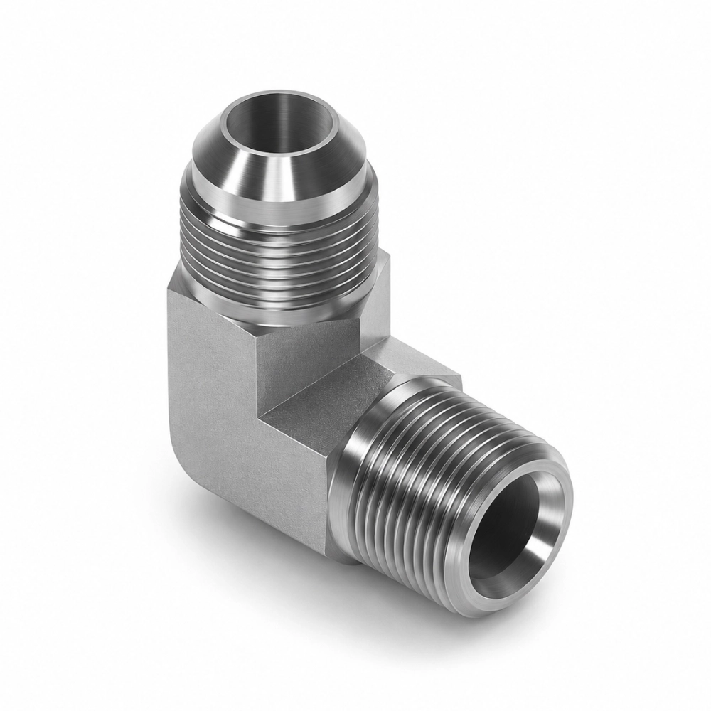 1/8" NPTF Male to 7/16" JIC Male 90° Forged Hydraulic Adaptor 1/8" NPTF Male to 7/16" JIC Male 90° Forged Hydraulic Adaptor