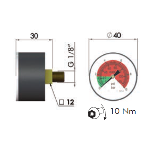 MPB Filtrec Return Clogging Indicator, Pressure Gauge, Grn0-1.7Bar Red1.7-10Bar, 1/8 BSP Rear Entry