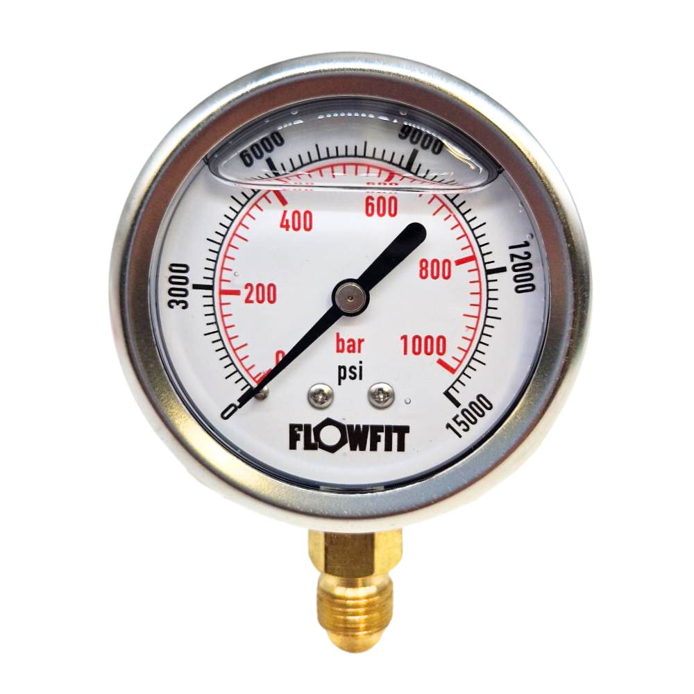 63mm Glycerine Filled Hydraulic pressure gauge 0-15000 PSI (1000 BAR) 1/4" BSP BASE Entry