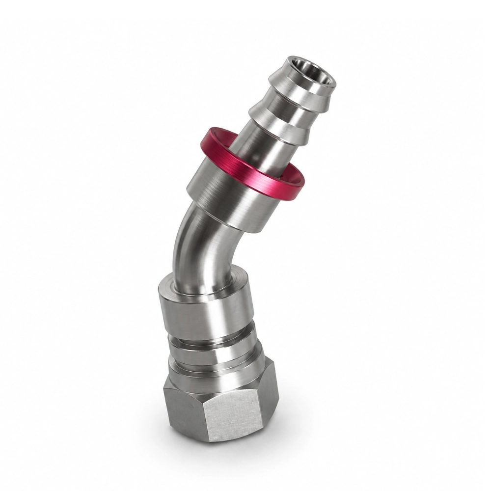 7/16" JIC Female x 1/4" Push-In Hose Tail 135° Swept Adaptor