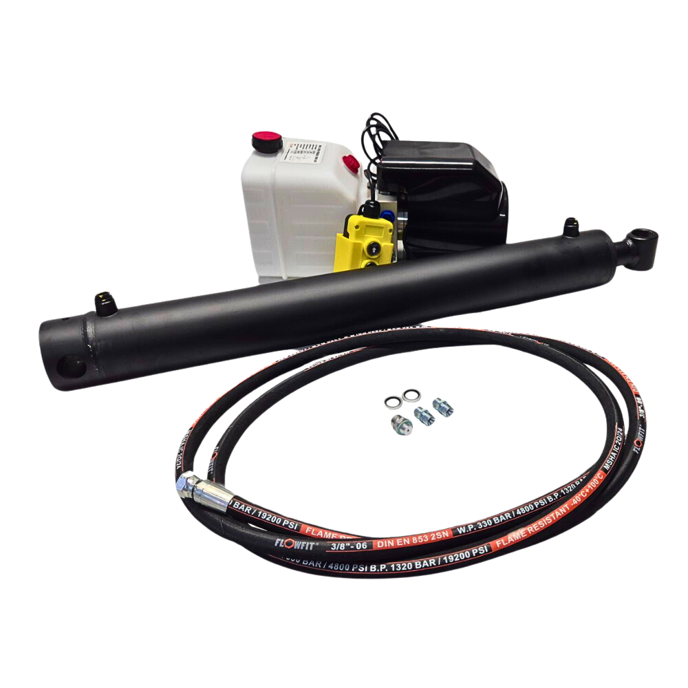 Flowfit Hydraulic 12V DC single acting trailer kit to lift 5.6 Tonne, 400mm cylinder stroke Flowfit Hydraulic 12V DC single acting trailer kit to lift 5.6 Tonne, 400mm cylinder stroke