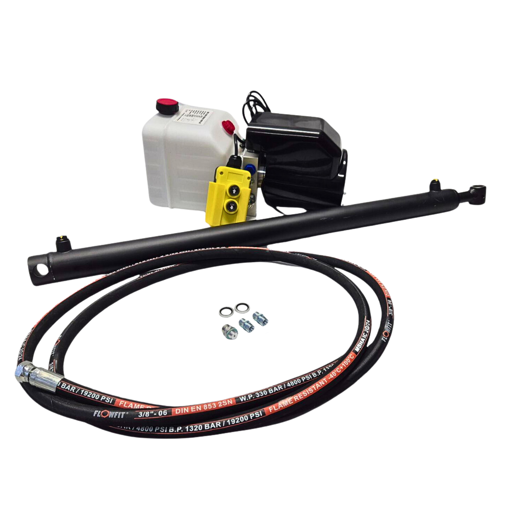 Flowfit Hydraulic 12V DC single acting trailer kit to lift 5.6 Tonne, 700mm cylinder stroke Flowfit Hydraulic 12V DC single acting trailer kit to lift 5.6 Tonne, 700mm cylinder stroke