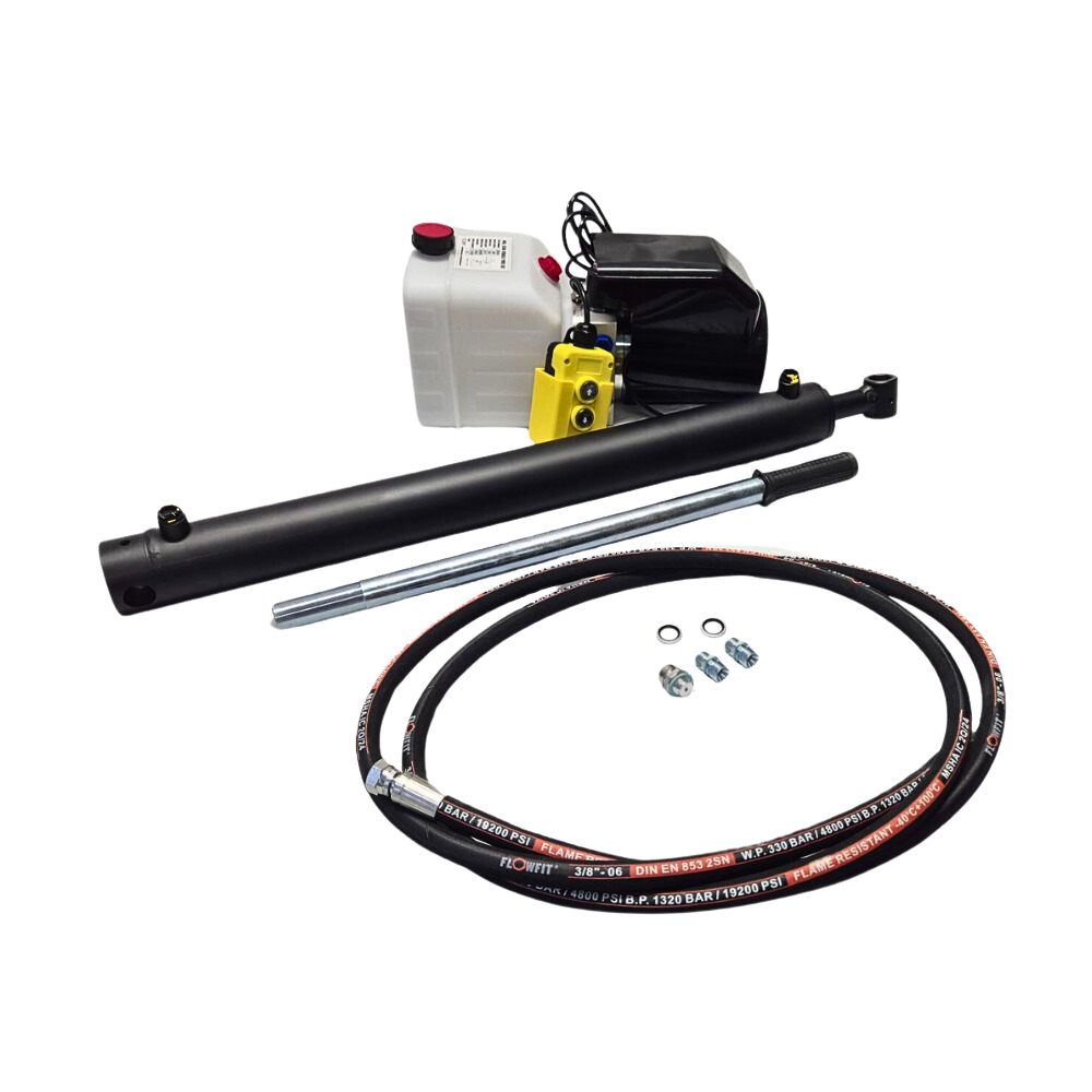 24V DC Single Acting Hydraulic Trailer Tipper Kit - 2.5 Tonne Lift, 600mm Stroke with Backup Hand Pump 24V DC Single Acting Hydraulic Trailer Tipper Kit - 2.5 Tonne Lift, 600mm Stroke with Backup Hand Pump