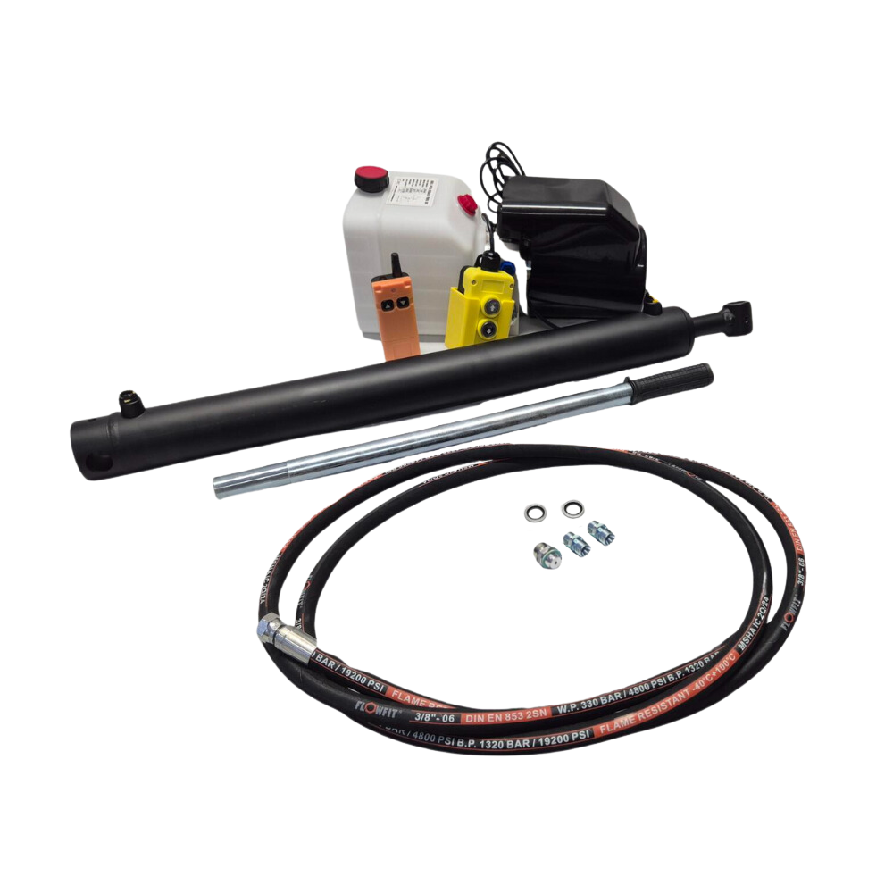 12V DC Single Acting Hydraulic Trailer Tipper Kit - 7.7 Tonne Lift, 600mm Stroke with Wireless Remote Control and Backup Hand Pump 12V DC Single Acting Hydraulic Trailer Tipper Kit - 7.7 Tonne Lift, 600mm Stroke with Wireless Remote Control and Backup Hand Pump