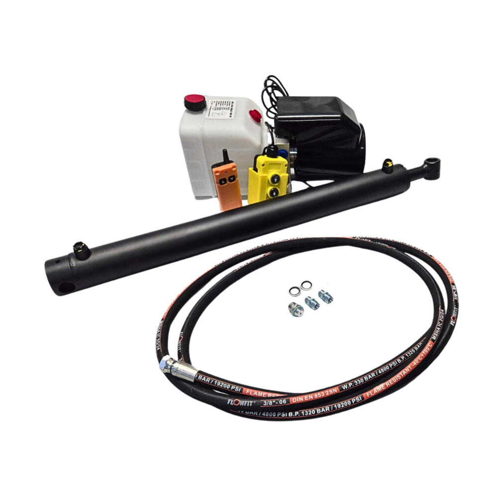 12V DC Single Acting Hydraulic Trailer Tipper Kit - 2.5 Tonne Lift, 600mm Stroke with Wireless Remote Control 12V DC Single Acting Hydraulic Trailer Tipper Kit - 2.5 Tonne Lift, 600mm Stroke with Wireless Remote Control
