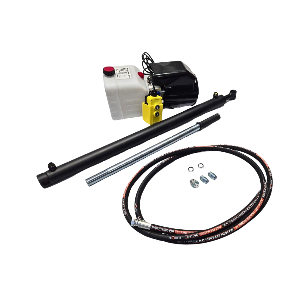 24V DC Single Acting Hydraulic Trailer Tipper Kit - 10 Tonne Lift, 700mm Stroke with Backup Hand Pump