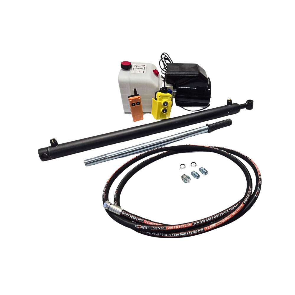 12V DC Single Acting Hydraulic Trailer Tipper Kit - 10 Tonne Lift, 700mm Stroke with Wireless Remote Control and Backup Hand Pump 12V DC Single Acting Hydraulic Trailer Tipper Kit - 10 Tonne Lift, 700mm Stroke with Wireless Remote Control and Backup Hand Pump