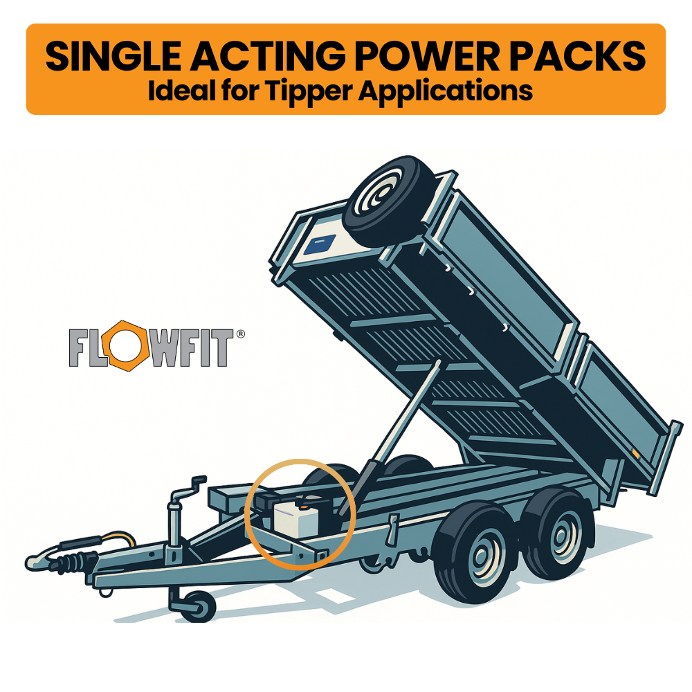 Flowfit Single Acting Hydraulic Power Pack 4L Steel Tank Pump & Remote 12VDC Flowfit Single Acting Hydraulic Power Pack 4L Steel Tank Pump & Remote 12VDC