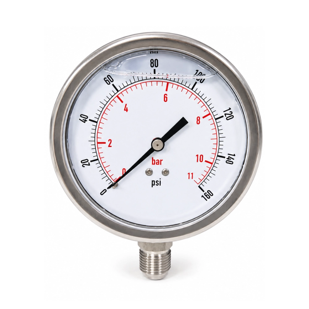 63mm Stainless Steel Hydraulic Pressure Gauge, Glycerine Filled, Base Entry, 0-10000 PSI / 690 Bar