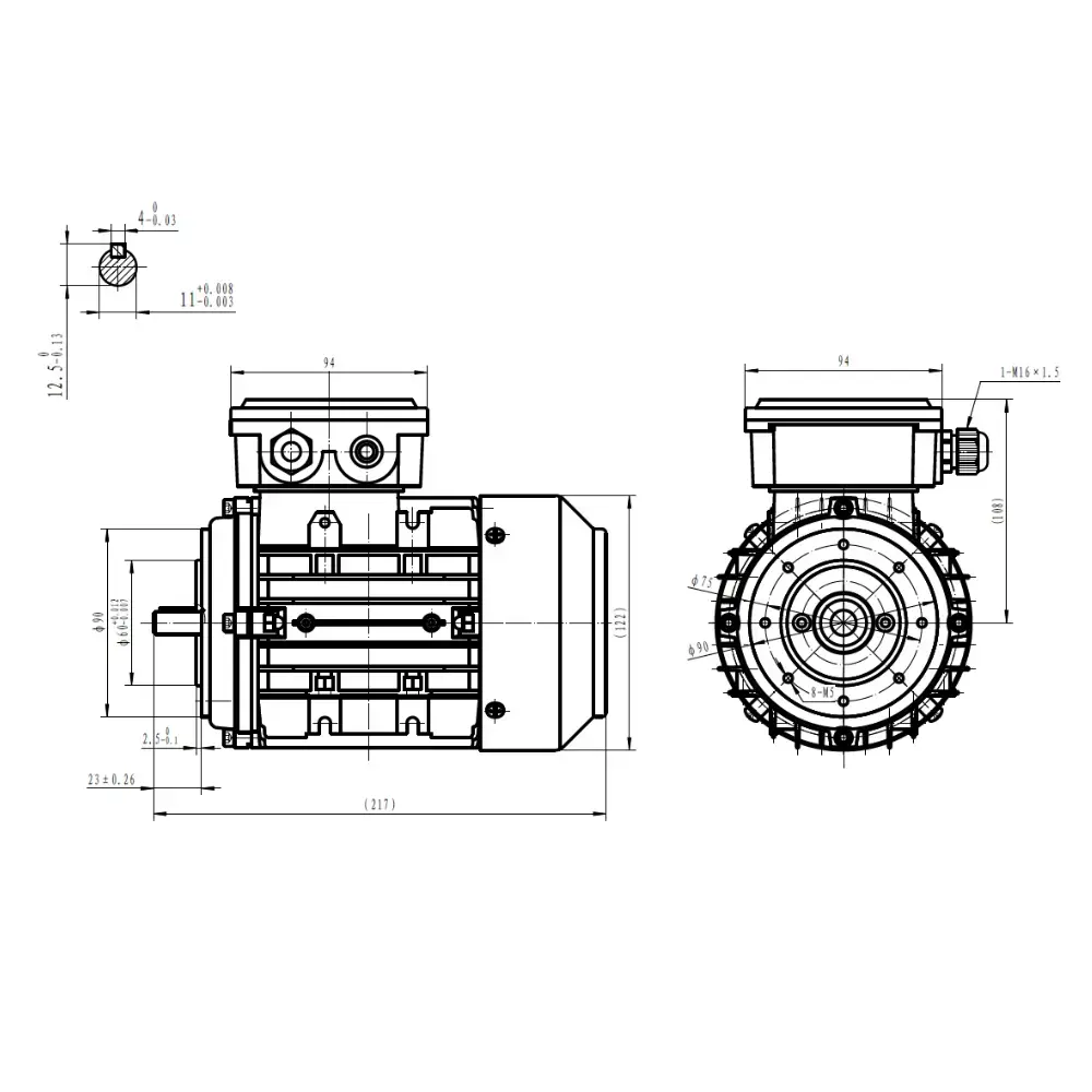 Three Phase 400V Aluminium Electric Motor, 0.12kW, 4 Pole, 1395 RPM, B14 Face Mount