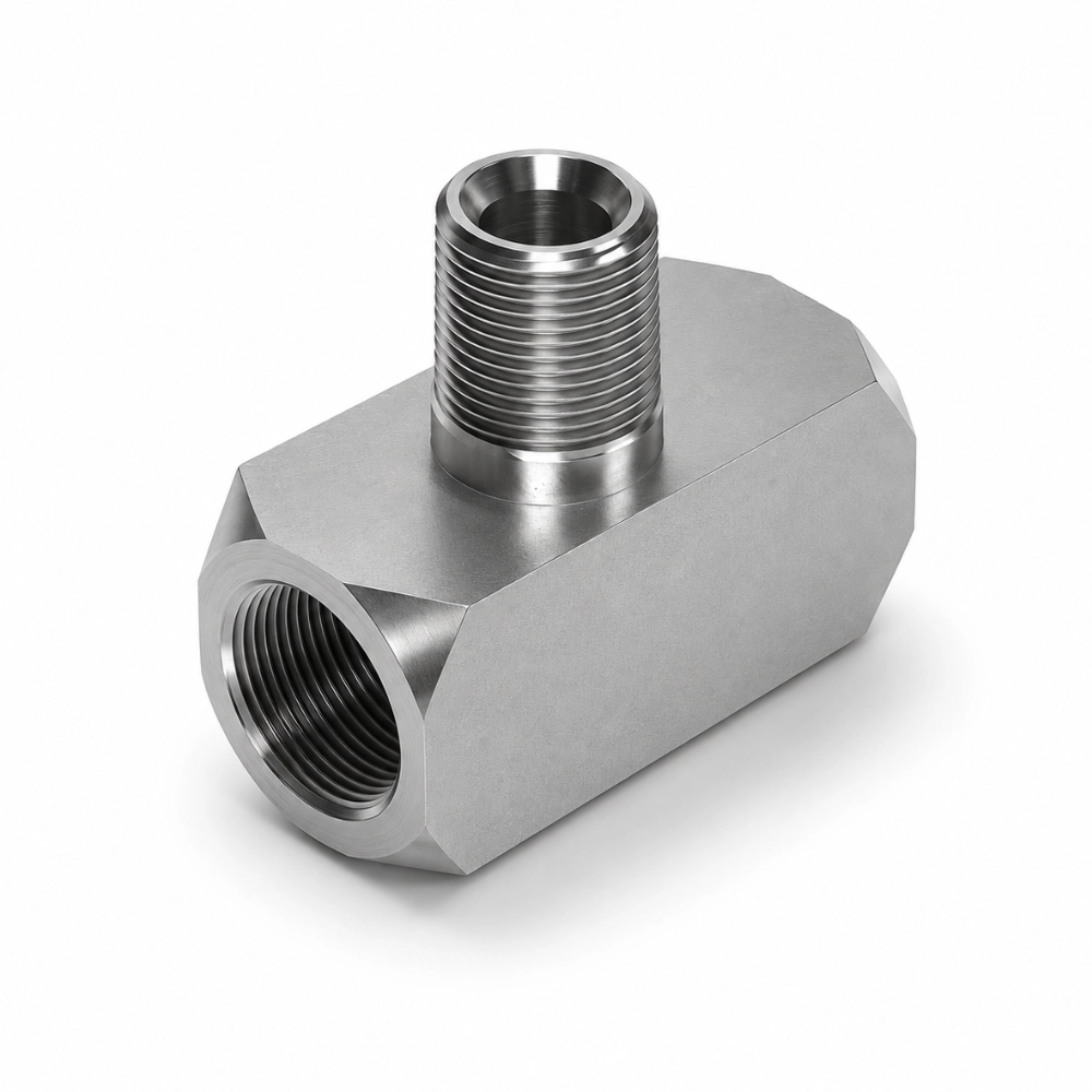 1/4" NPTF Fixed Female x Fixed Female x Male Tee Hydraulic Adaptor 1/4" NPTF Fixed Female x Fixed Female x Male Tee Hydraulic Adaptor