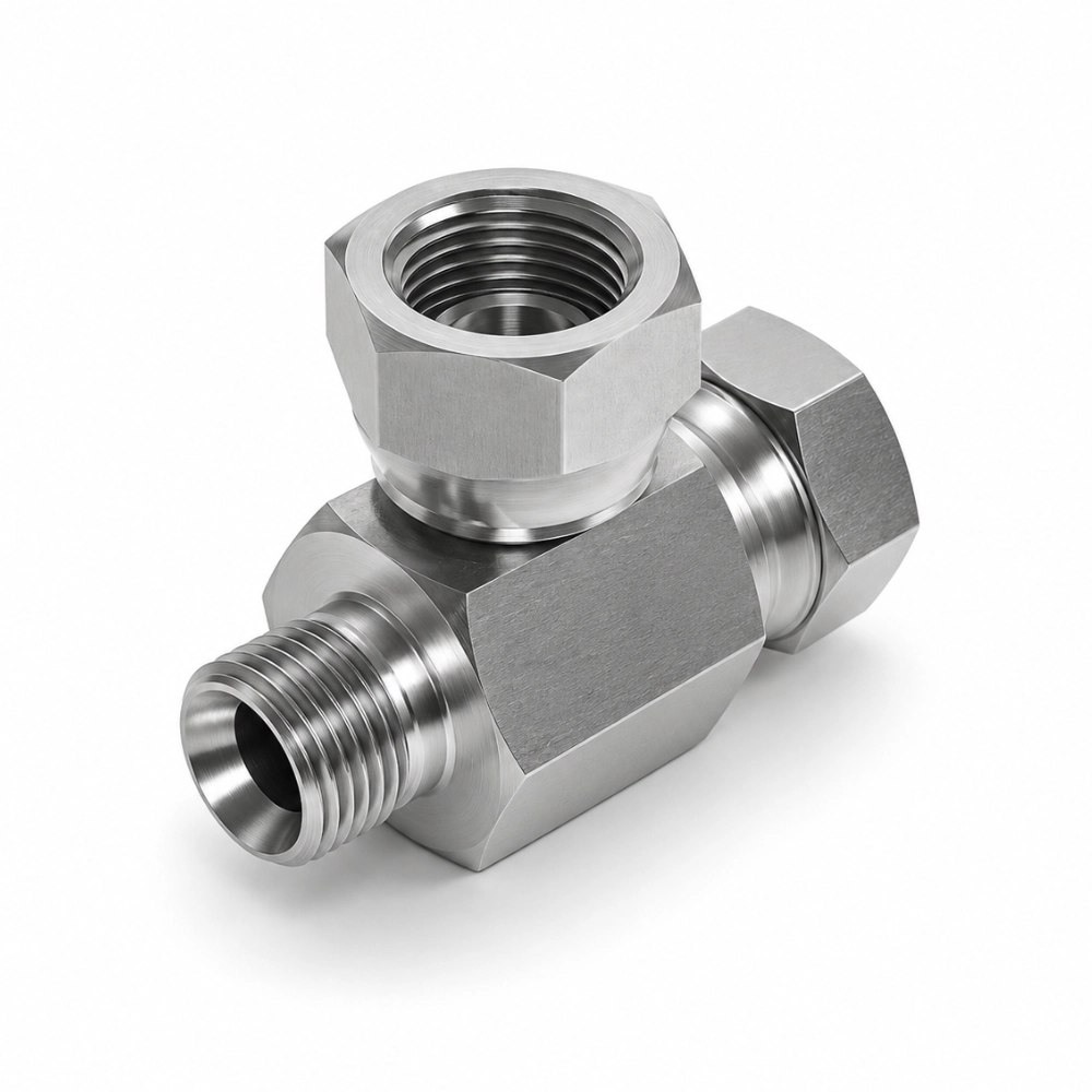 3/8" x 3/8" x 1/2" BSP Male x Swivel Female x Swivel Female Enlarging Tee Hydraulic Adaptor