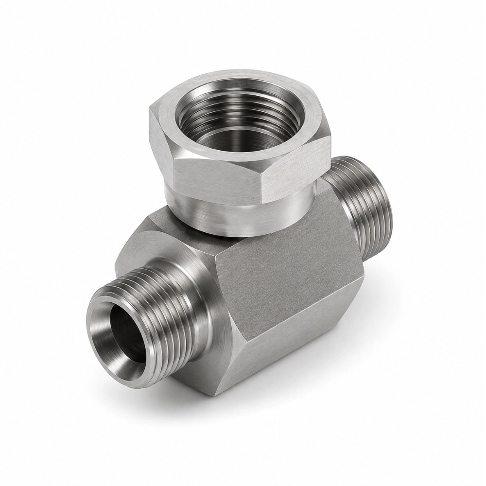 1/4" x 1/4" x 3/8" BSP Male x Male x Swivel Female Enlarging Tee Hydraulic Adaptor 1/4" x 1/4" x 3/8" BSP Male x Male x Swivel Female Enlarging Tee Hydraulic Adaptor