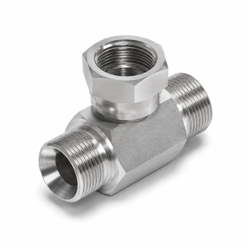 1/4" BSP Male x Male x Swivel Female Tee Hydraulic Adaptor with Soft-Seat O-Ring Swivel Female Branch