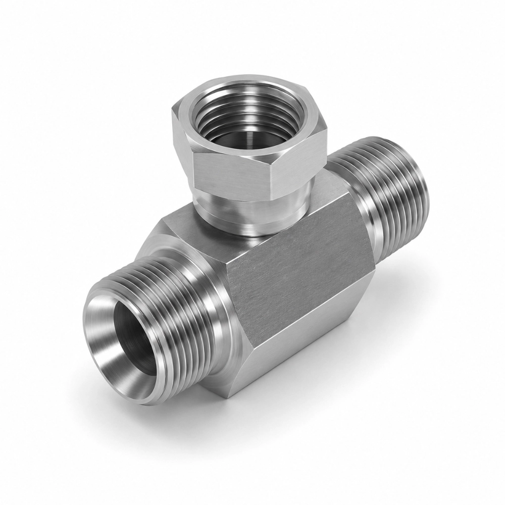 3/8" x 3/8" x 1/4" BSP Male x Male x Swivel Female Reducing Tee Hydraulic Adaptor 3/8" x 3/8" x 1/4" BSP Male x Male x Swivel Female Reducing Tee Hydraulic Adaptor