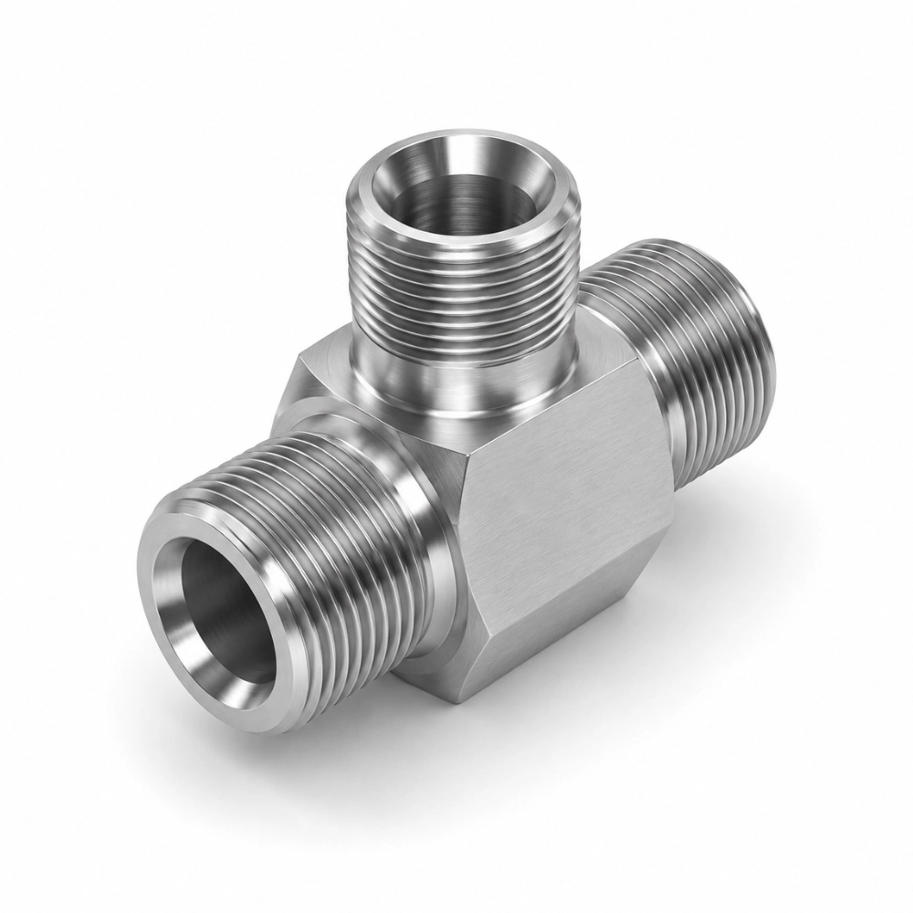 1/4" BSPT Male x Male x Male Coned Tee Hydraulic Adaptor 1/4" BSPT Male x Male x Male Coned Tee Hydraulic Adaptor