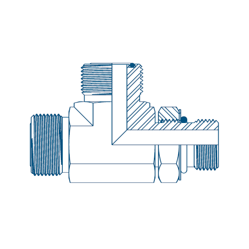 9/16 Orfs x 7/16 UNF x 9/16 Orfs M/M/M TEE Positional On Run Hydraulic Adaptor 9/16 Orfs x 7/16 UNF x 9/16 Orfs M/M/M TEE Positional On Run Hydraulic Adaptor