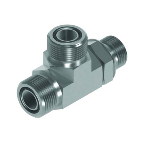 9/16 Orfs x 7/16 UNF x 9/16 Orfs M/M/M TEE Positional On Run Hydraulic Adaptor 9/16 Orfs x 7/16 UNF x 9/16 Orfs M/M/M TEE Positional On Run Hydraulic Adaptor