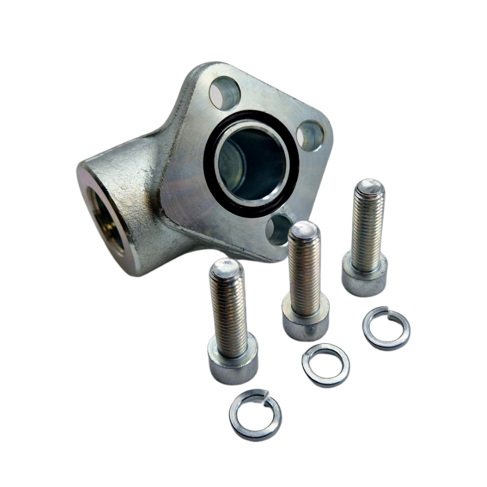 26mm PCD, Female, 3/8” BSP, European Flange, 90° Elbow Gear Pump Connector 26mm PCD, Female, 3/8” BSP, European Flange, 90° Elbow Gear Pump Connector