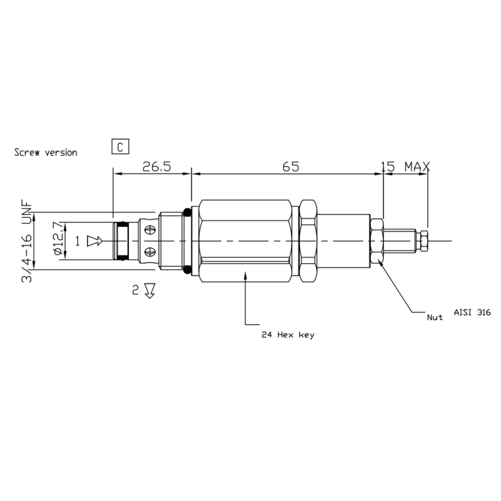 Stainless Steel Hydraulic Compensated Flow Control Valve, Screw Adjustable, 3/4-16 UNF, 15 L/Min, 300 Bar