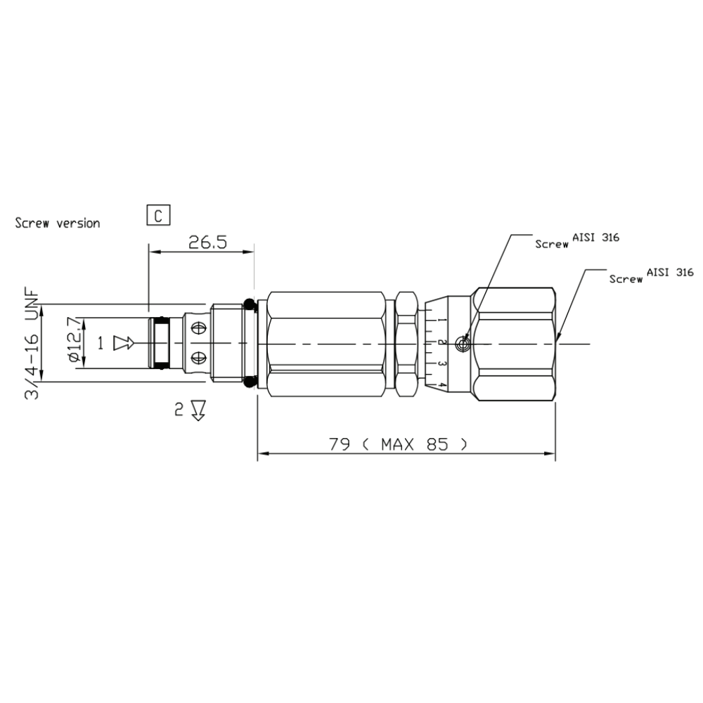 Stainless Steel Hydraulic Compensated Flow Control Valve, Hand Adjustable, 3/4-16 UNF, 15 L/Min, 300 Bar Stainless Steel Hydraulic Compensated Flow Control Valve, Hand Adjustable, 3/4-16 UNF, 15 L/Min, 300 Bar