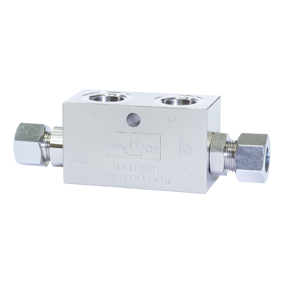 Stainless Steel Hydraulic Double Pilot Operated Check Valve, 3/8" BSP x 12 mm Pipe Mounting, 1 Bar Cracking Pressure