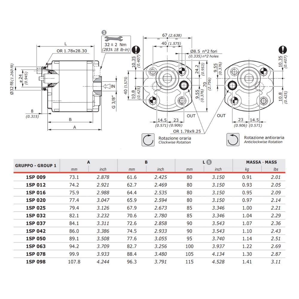 Walvoil Group 1 MC32 Power Pack Gear Pump, 2.0cc, Anti-Clockwise, 3/8" BSP