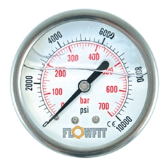 100mm Glycerine filled hydraulic pressure gauge -30 HG (-1 BAR) 1/2 BSP REAR Entry