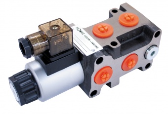 Flowfit 6 Way Hydraulic Solenoid Diverter, 3/8" BSP Port Size, 24V DC, 50 L/Min Flows Flowfit 6 Way Hydraulic Solenoid Diverter, 3/8" BSP Port Size, 24V DC, 50 L/Min Flows